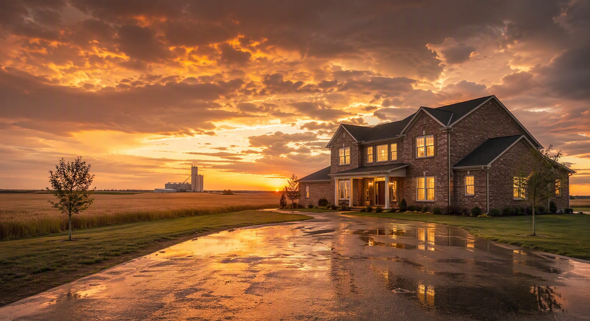 Enid brick home gleaming after a storm, wet driveway reflecting the sunset, grain elevator on the wheat-field horizon